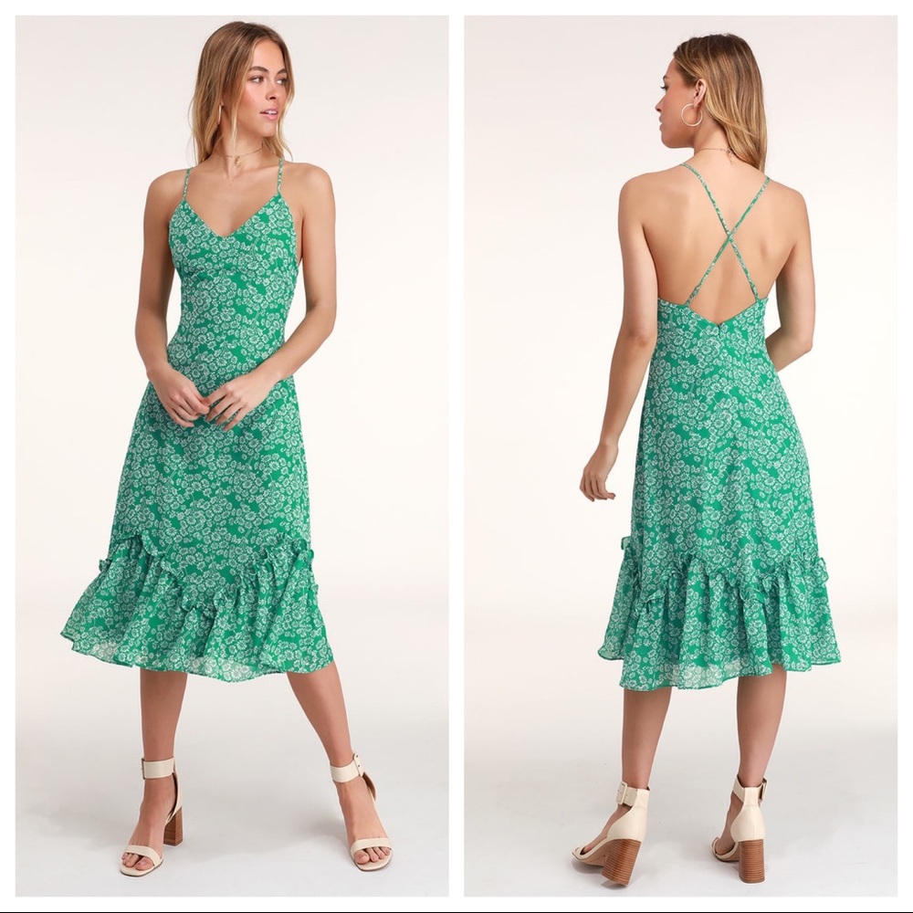 Lulus Flirty Fleurs Green Floral Print Midi Dress Small New NWOT